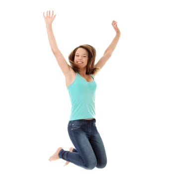 Jumping student girl, isolated on white background