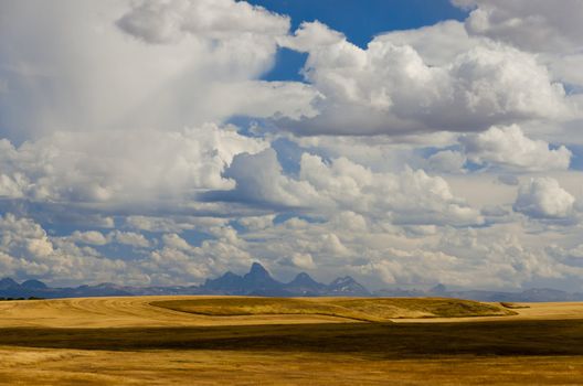 Rolling fields, the Teton Mountains and a sky full of clouds, Teton County, Idaho, USA