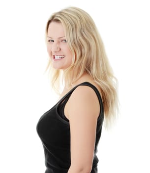 Close-up, portrait of a corpulent woman, isolated on white background
