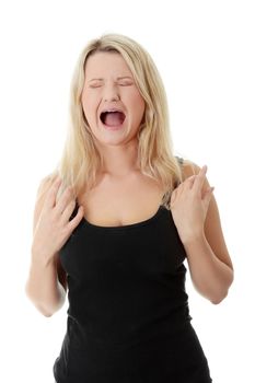 Close-up, portrait of a corpulent woman, isolated on white background