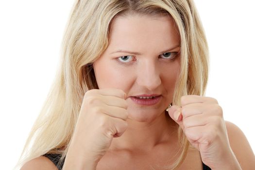Close-up, portrait of a corpulent woman, isolated on white background