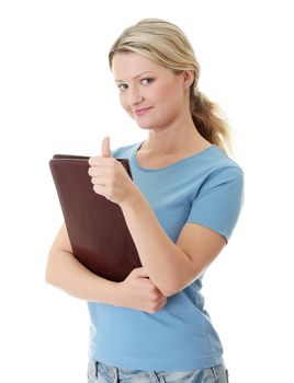 Happy student girl, isolated on white