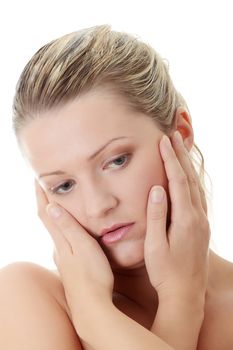Close-up, portrait of a corpulent woman, isolated on white background