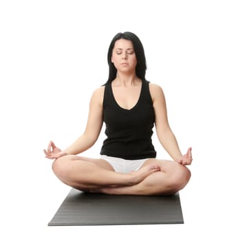 Corpulent woman training yoga, over white background
