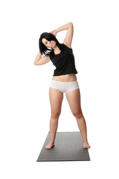 Corpulent woman training yoga, over white background
