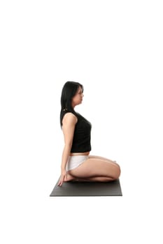 Corpulent woman training yoga, over white background