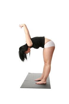 Corpulent woman training yoga, over white background