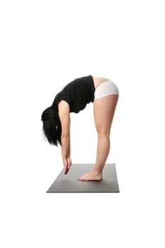 Corpulent woman training yoga, over white background