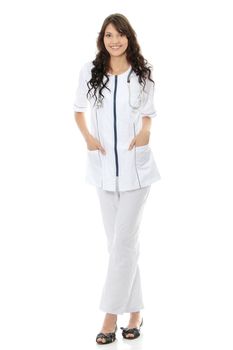 Young female doctor or nurse, isolated on white