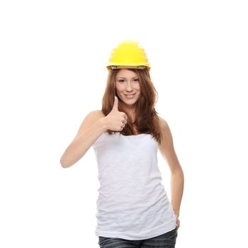 Engineer woman in yellow helmet isolated on white background