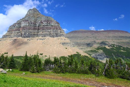 Jagged peaks rise from the ground at Logan Pass of Glacier National Park - Montana.