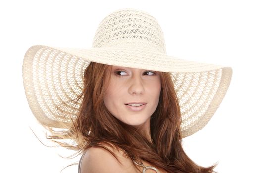 Beautiful young summer woman in hat, isolated on white background