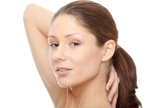 Close-up of beautiful woman face, over white background