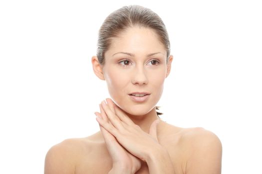 Close-up of beautiful woman face, over white background