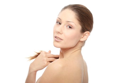 Close-up of beautiful woman face, over white background