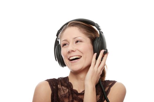 Listening to the Music, young caucasian beautiful woman with headphones, isolated on white background