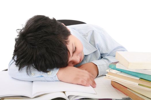 adorable boy tired to study a over white background