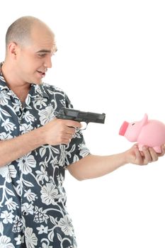 Man with gun pointing at piggy bank isolated on white