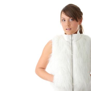 Teen woman in fur jacket with - cold