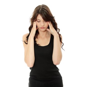 Woman with headache holding her hand to the head, isolated on white