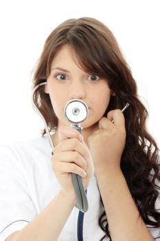 Female doctor with stethoscope isolated on white background - focus on stethoscope