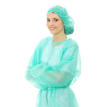 Portrait of female surgeon or nurse wearing protective uniform, isolated on white background