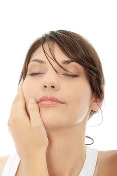 Beautiful health woman face with clean purity skin - isolated on white