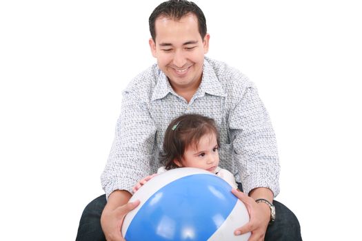 cute dad with his daughter playing on a white