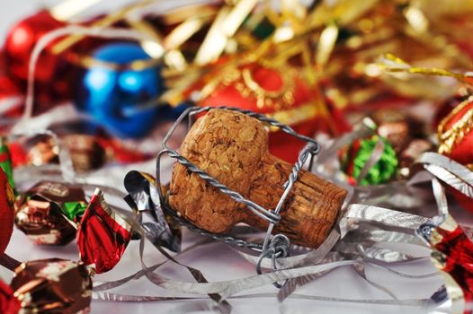 Champagne cork with decorations and shallow depth of field
