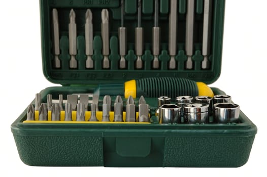 Tool kit. Plastic box with different screwdrivers.