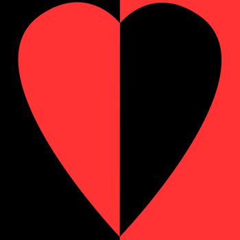 bisected red and black heart on bisected white and red background 