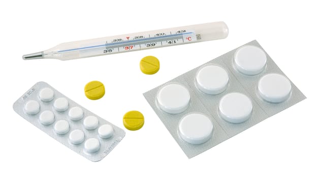 Glass mercuric thermometer and few different pills.