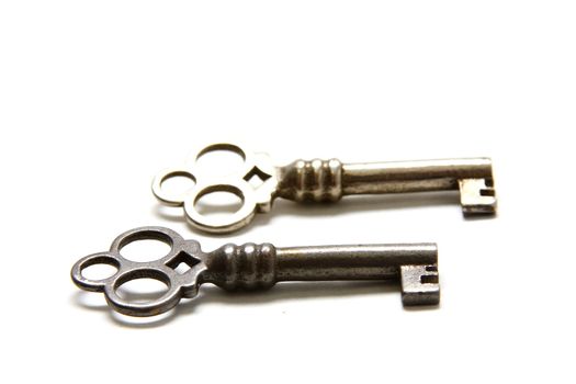 Isolated shot of two metal antique keys on white background