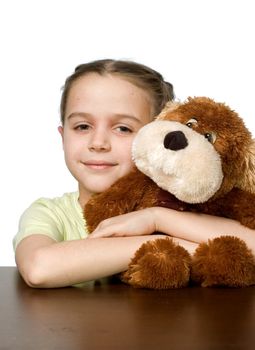 Pretty girl with toys, white background