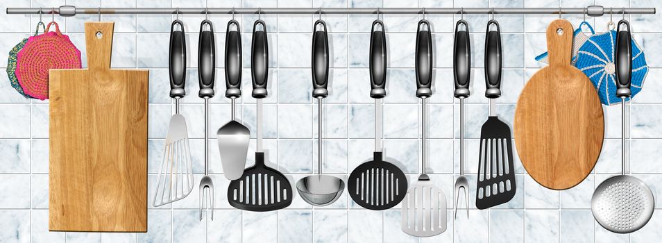 Illustration with kitchen utensils hanging on steel pole on a marble background