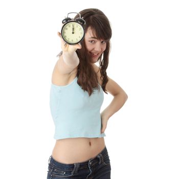 A teen woman with alarm clock isolated on white background