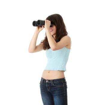 Teen girl with binoculars isolated on white