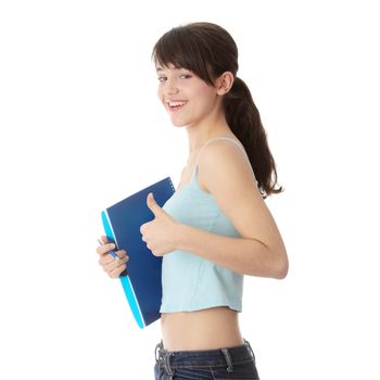 Young student girl with thumb up isolated on white background