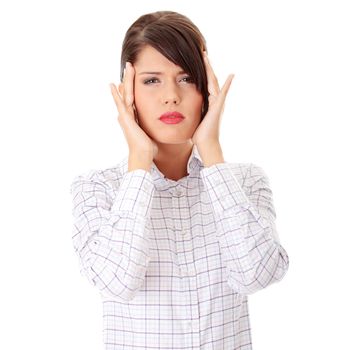 Young business woman with headache, isolated on white background