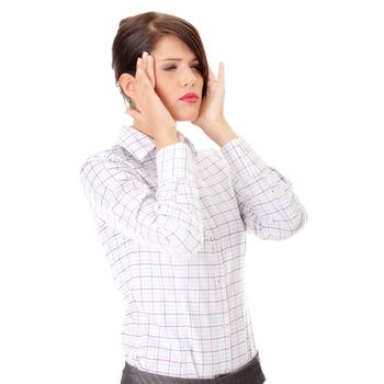 Young business woman with headache, isolated on white background