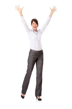 Young happy businesswoman with hands up, isolated on white