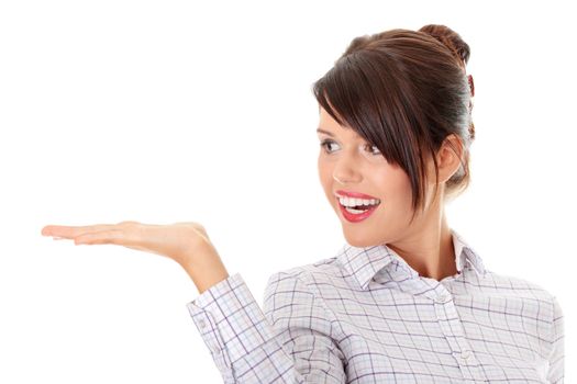 Young happy businesswoman presenting something on her hand, isolated on white