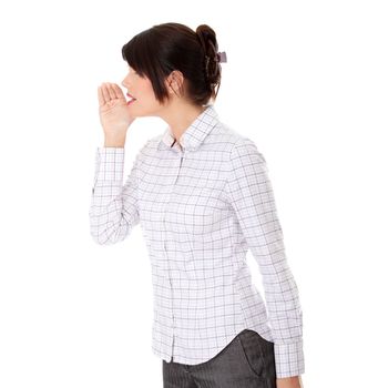 Businesswoman whispering gossip ,isolated on white
