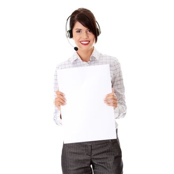 Call center woman with headset holding blank sign. Isolated on white background.