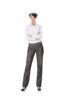 Portrait of confident female worker in helmet