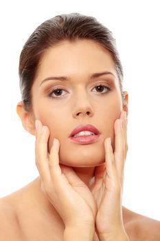 Beautiful woman's face with fresh clean skin isolated on white