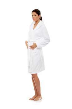 Young beautiful caucasian woman after bath full portrait isolated on white