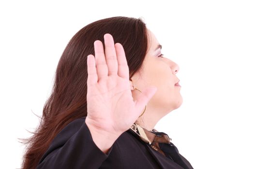 Serious business woman making stop sign over white, focus on woman