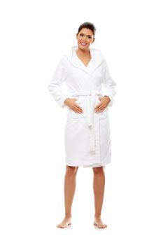Young beautiful caucasian woman after bath full portrait isolated on white