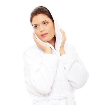 Young beautiful caucasian woman after bath isolated on white